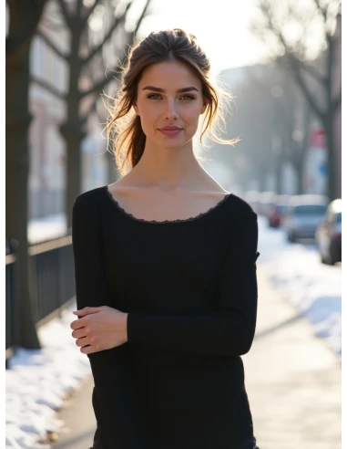 Gino Santi Dames Thermo Shirt lace Lange Mouw Zwart