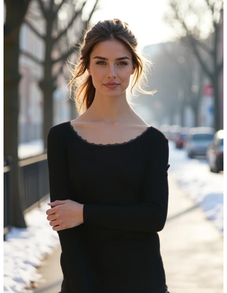 Gino Santi Dames Thermo Shirt lace Lange Mouw Zwart