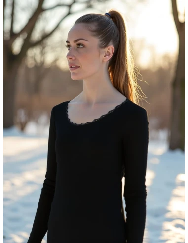 Gino Santi Dames Thermo Shirt lace Lange Mouw Zwart