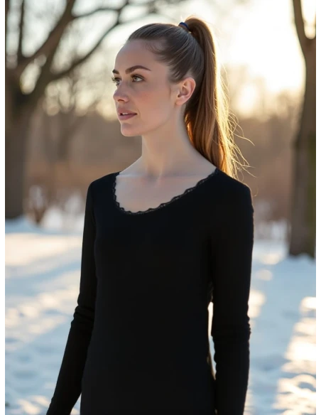 Gino Santi Dames Thermo Shirt lace Lange Mouw Zwart